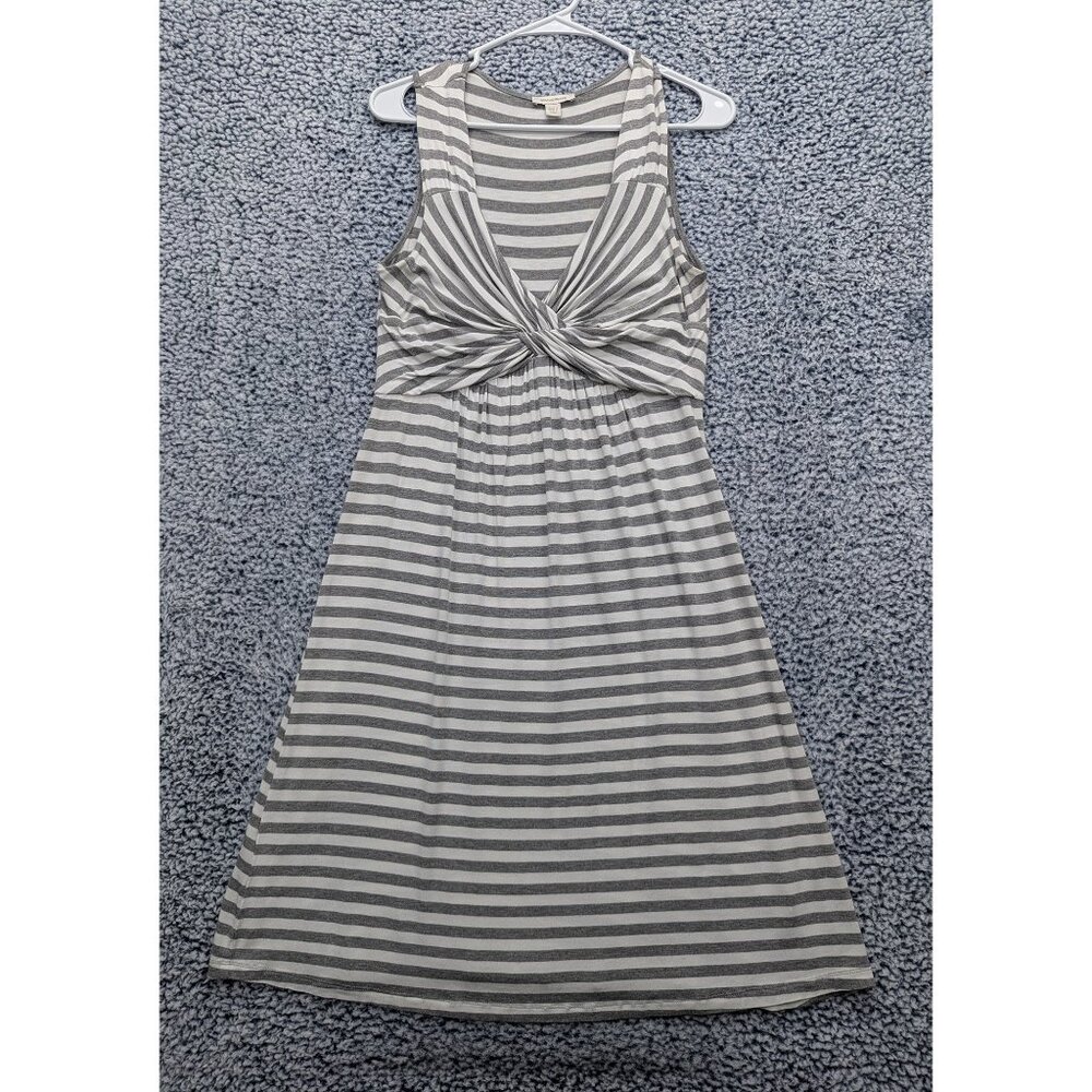 Boston Proper V Neck Midi Dress Size S Striped Casual Preppy Knot Tie Boho Gray